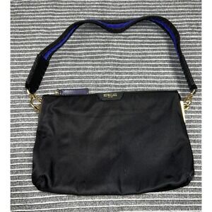 MZ Wallace Black Nylon Crossbody Bag Blue Striped Strap Gold Hardware Organizer